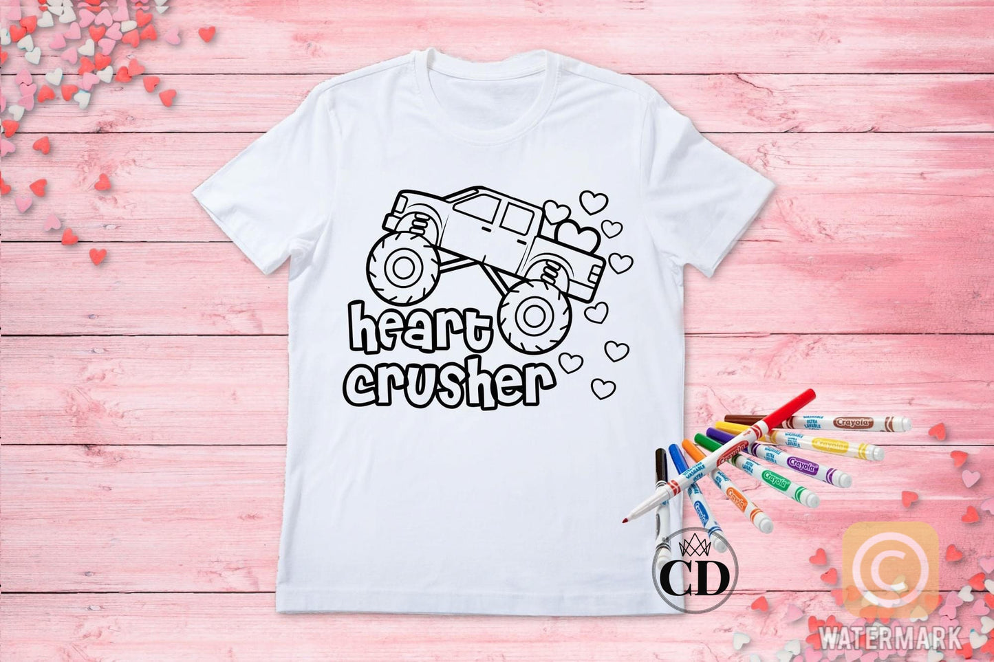 Heart Crusher Kids Coloring Tee | Childrens Art Valentines Shirt | Boys Monster Truck V-Day T Shirt